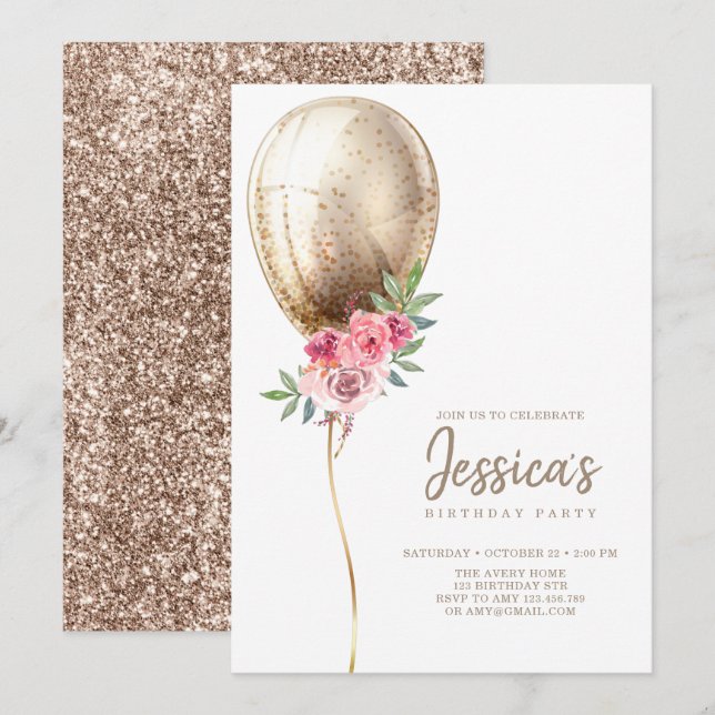 Luxury Balloon Beige Glitter Birthday Invitation (Front/Back)