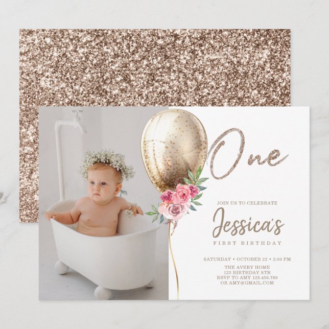 Luxury Balloon Glitter First Birthday Photo Invitation (Front/Back)