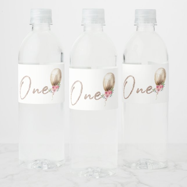 Luxury Balloon Glitter First Birthday Water Bottle Label (Bottles)