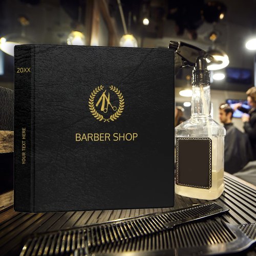 Luxury barber shop black leather look gold 3 ring binder