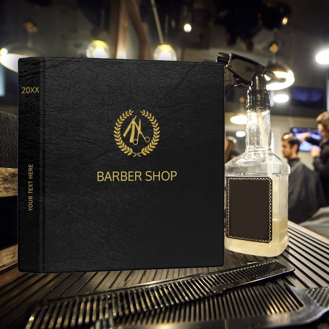Luxury barber shop black leather look gold 3 ring binder (Creator Uploaded)