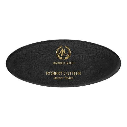 Luxury barber shop black leather look gold name tag