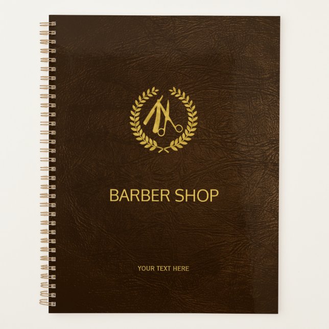 Luxury barber shop brown leather look gold planner (Front)