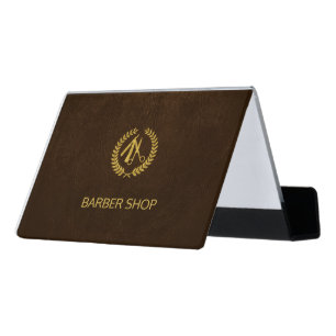 Luxury barber shop dark brown leather look gold desk business card holder