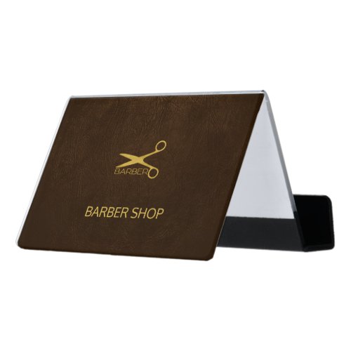 Luxury barber shop dark brown leather look gold desk business card holder