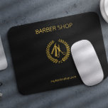 Luxury barber shop gold black leather look gold mouse pad<br><div class="desc">Barber shop mouse pad with faux gold scissors logo and barber script on a solid black elegant leather look background</div>