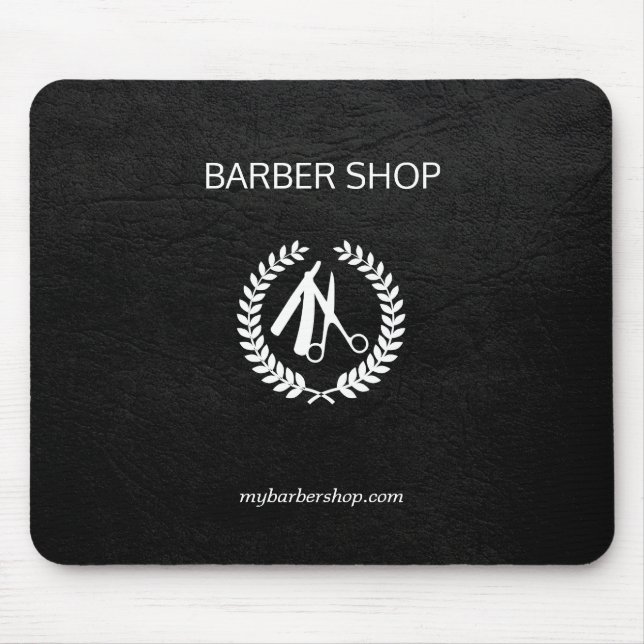 Luxury barber shop gold black leather look white mouse pad (Front)