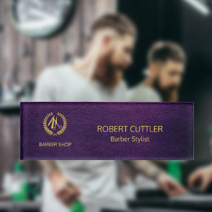 Luxury barber shop purple leather look gold name tag