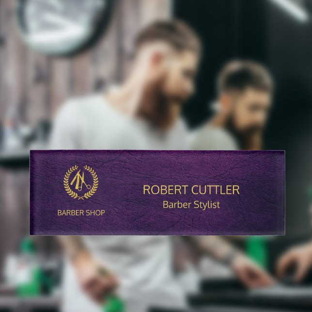 Luxury barber shop purple leather look gold  name tag (Creator Uploaded)