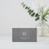Luxury barber shop silver dark grey leather look business card (Standing Front)