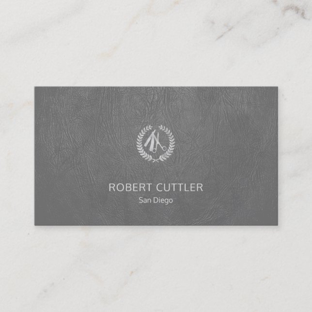 Luxury barber shop silver dark grey leather look business card (Front)
