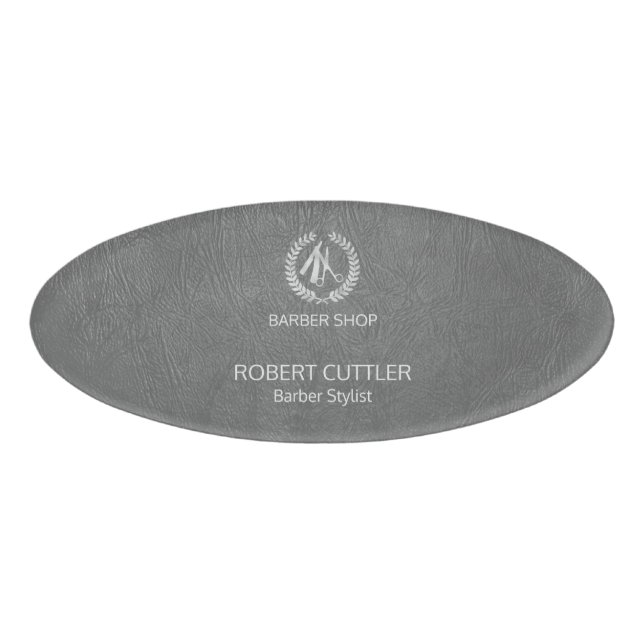 Luxury barber shop silver grey leather look name tag (Front)