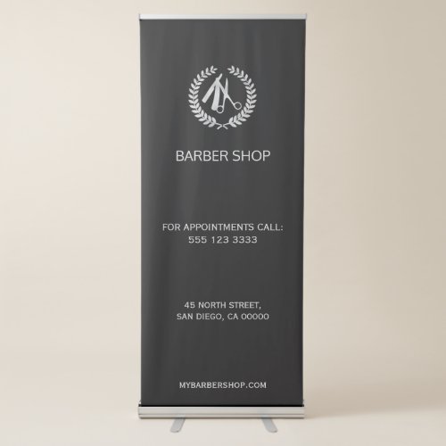 Luxury barber shop silver logo script on black retractable banner