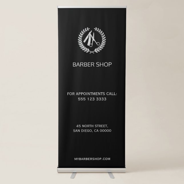 Luxury barber shop silver logo script on black retractable banner (Front)