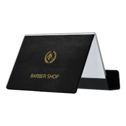 Luxury barber shop solid black leather look gold desk business card holder