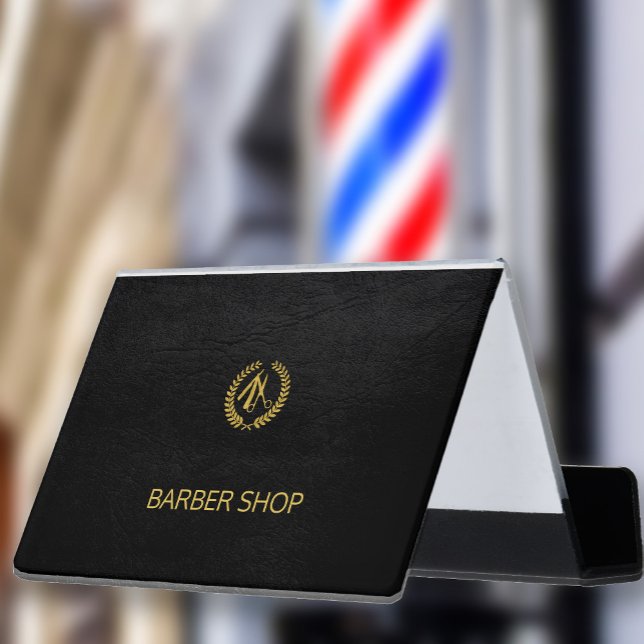 Luxury barber shop solid black leather look gold desk business card holder (Creator Uploaded)