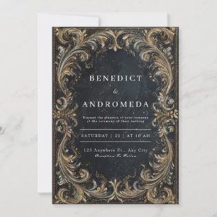 Luxury Baroque Black Gold Silver Ornate Wedding Invitation