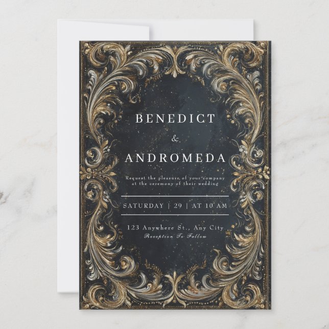 Luxury Baroque Black Gold Silver Ornate Wedding Invitation (Front)