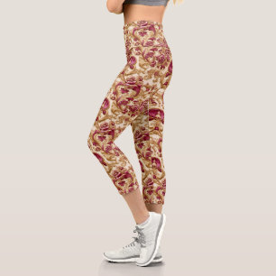 Luxury Baroque Floral Gold and Burgundy Capri Leggings