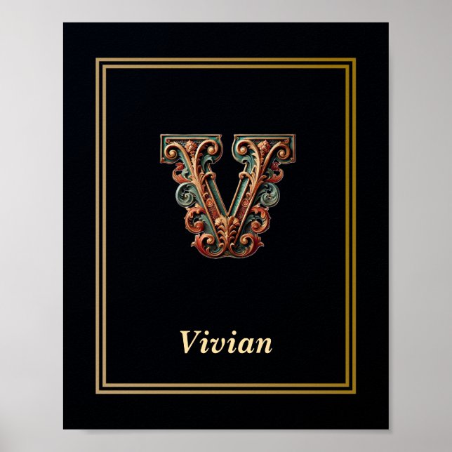 Luxury Baroque Letter V Monogram Poster  (Front)
