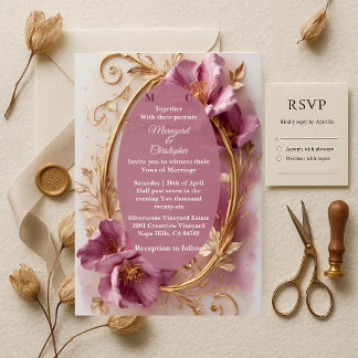 Luxury Baroque Opulent Mulberry Tulip Gold Wedding Invitation