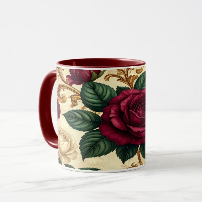 Luxury Baroque Roses Design - Burgundy Cream Flowe Mug (Front Left)