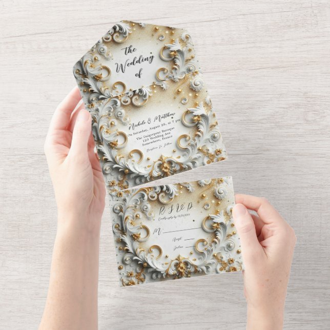 Luxury Baroque Style White Gold Wedding All In One Invitation (Tearaway)