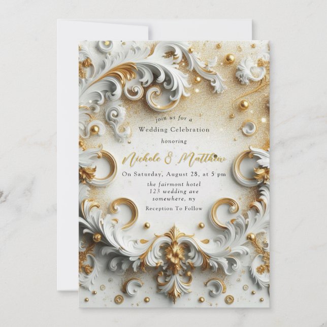 Luxury Baroque Style White Gold Wedding Invitation (Front)