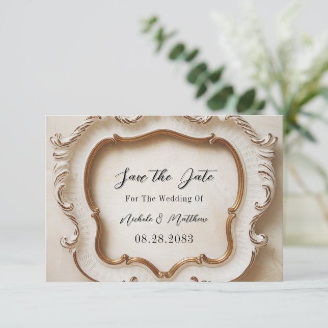 Luxury Baroque Style White Gold Wedding  Save The Date (Standing Front)