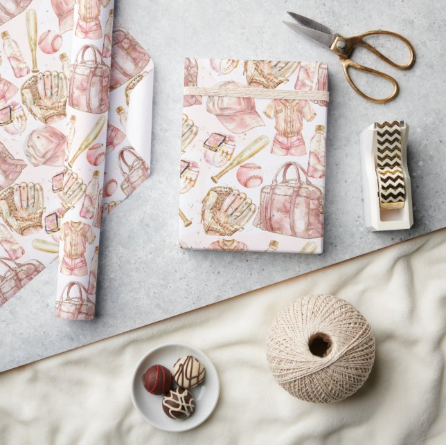 Luxury Baseball Girl Birthday Pink Gold Wrapping Paper (Crafts)