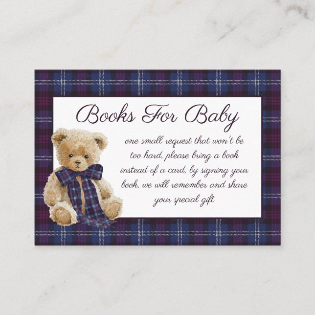 Luxury Bear Plaid Bow Baby Shower Book Request Enclosure Card (Front)