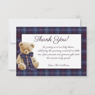 Luxury Bear Plaid Bow Baby Shower  Thank You Card
