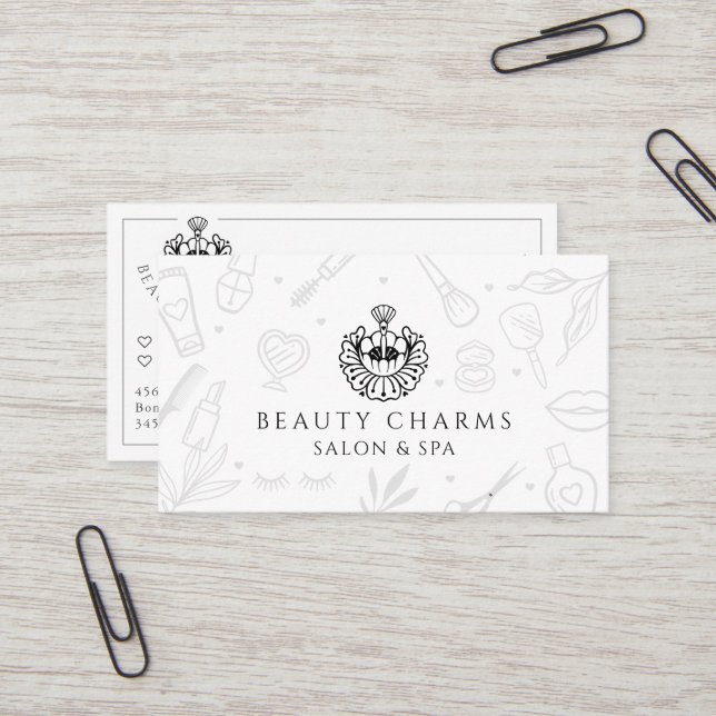 Luxury Beauty Charms Black & White Makeup Logo Business Card (Front/Back In Situ)