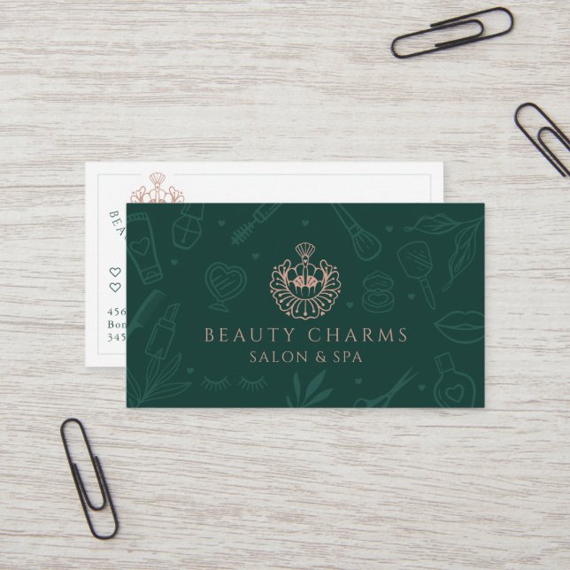 Luxury Beauty Charms Green & Pink Makeup  Logo Business Card (Front/Back In Situ)