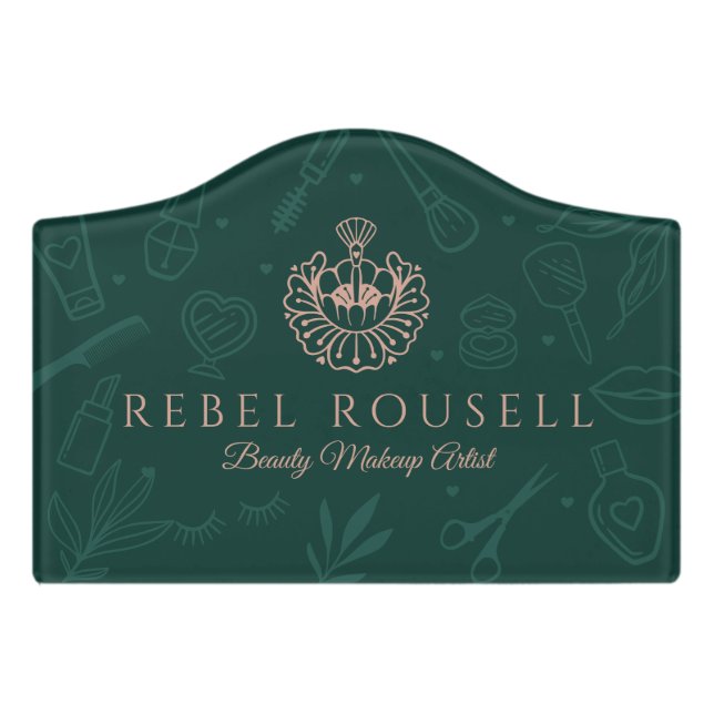 Luxury Beauty Charms Green & Pink Makeup Logo Door Sign (Small Crest Front)