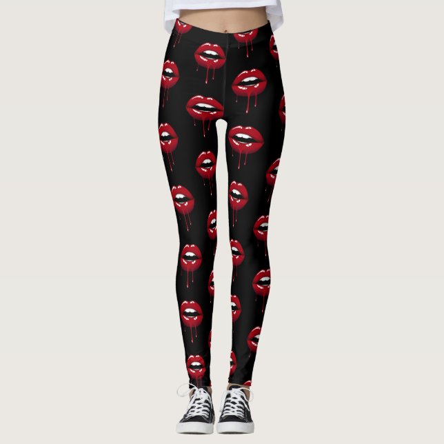 Luxury Beauty Glam Red Drip Dripping Lips Leggings (Front)