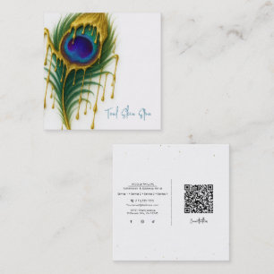 Luxury Beauty Gold Drip Glam Peacock Feather Square Business Card