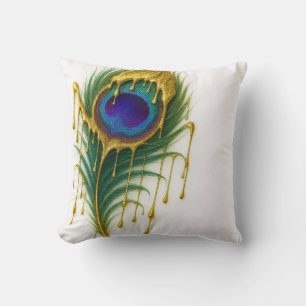 Luxury Beauty Gold Drip Glam Peacock Feather Throw Pillow