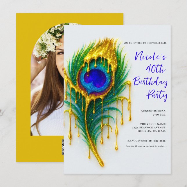 Luxury Beauty Gold Drip Peacock Feather Birthday  Invitation (Front/Back)