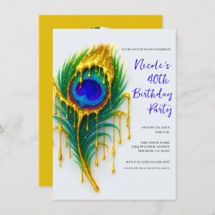 Luxury Beauty Gold Drip Peacock Feather Birthday  Invitation