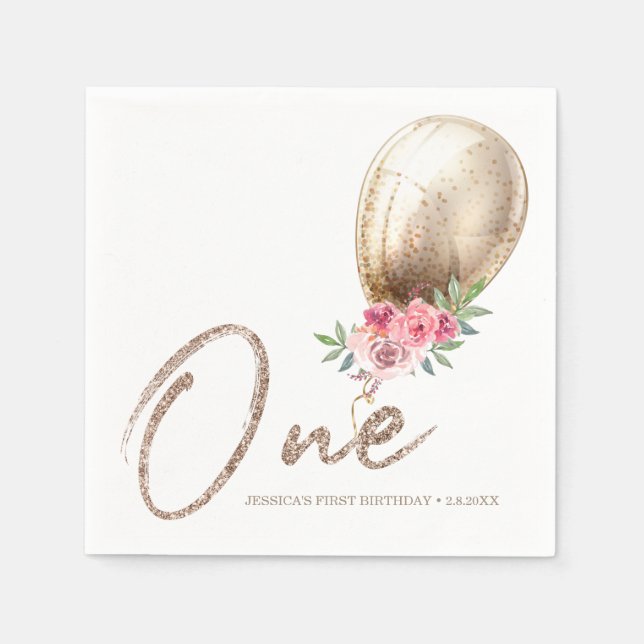 Luxury Beige Balloon Glitter First Birthday Napkins (Front)