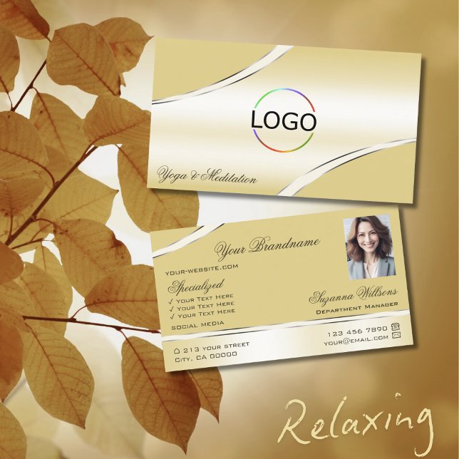 Luxury Beige Cream Curved Decor Lines Logo Photo Business Card (Creator Uploaded)