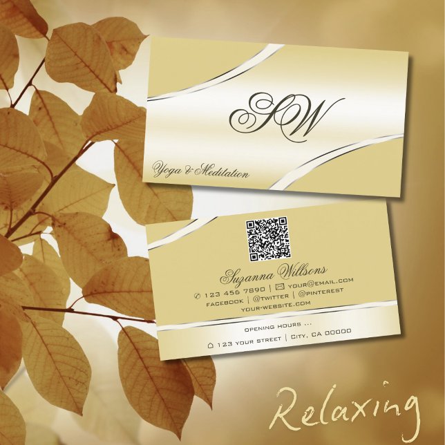 Luxury Beige Cream Curved Lines Monogram QR Code Business Card (Creator Uploaded)