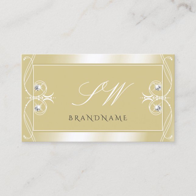 Luxury Beige Cream Sparkle Jewels Initials Ornate Business Card (Front)