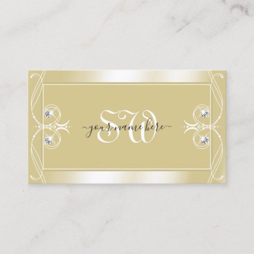 Luxury Beige Cream Sparkle Jewels Monogram Ornate Business Card