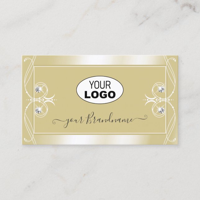 Luxury Beige Cream Sparkle Jewels with Logo Ornate Business Card (Front)