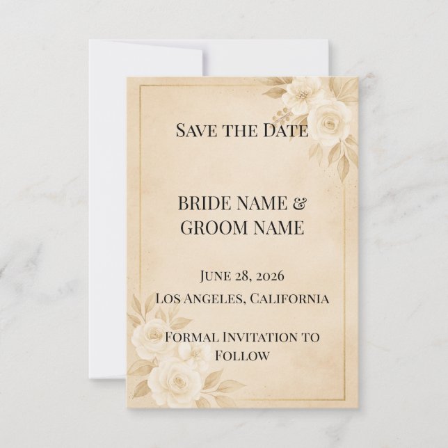 Luxury Beige & Gold Save the Date Card (Front)