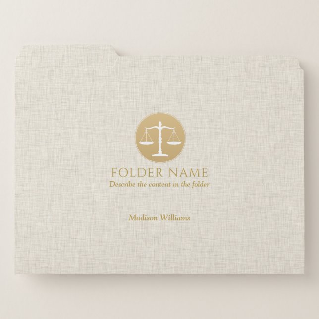 Luxury Beige Linen Gold Justice Logo File Folder (Front Left)
