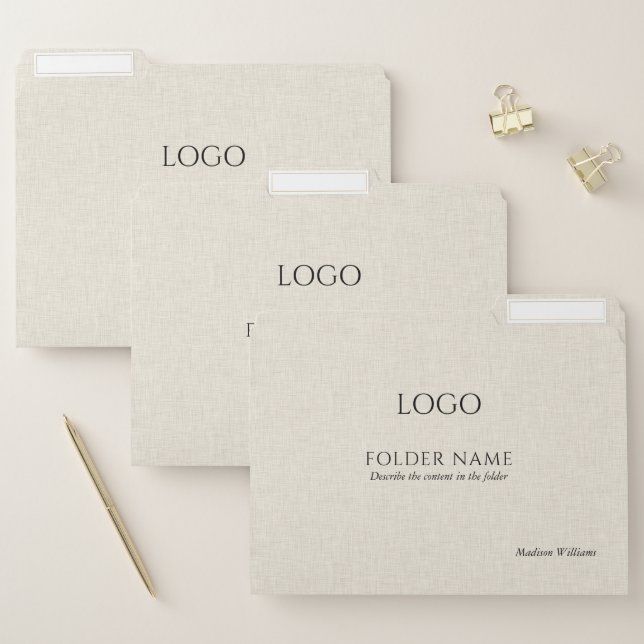 Luxury Beige Linen Texture Black Typography File Folder (Set)