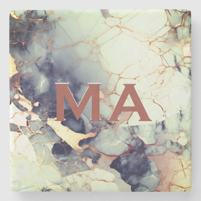 Luxury beige navy faux gold glitter marble art  stone coaster (Front)